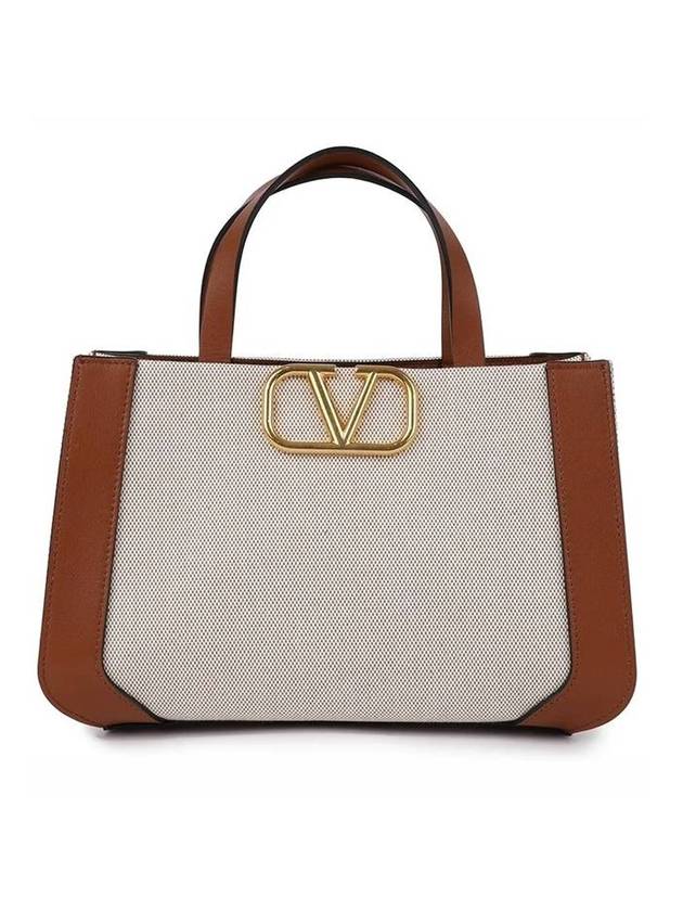 V Logo Signature Tote Bag Brown Ivory - VALENTINO - BALAAN 1