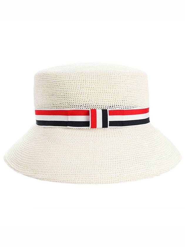 Rattan Three Stripes RWB Straw Bucket Hat White - THOM BROWNE - BALAAN.