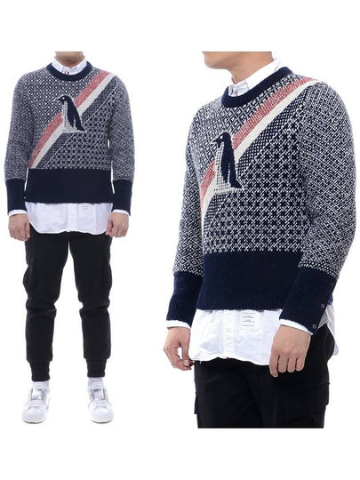 Men's Fair Isle Penguin Crew Neck Knit Top Navy - THOM BROWNE - BALAAN 2