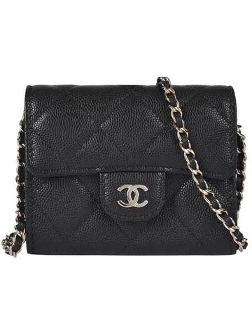 CC Logo Caviar Chain Flap Card Wallet Black - CHANEL - BALAAN 1