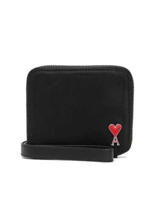 heart logo strap zipper bi-fold wallet black - AMI - BALAAN.