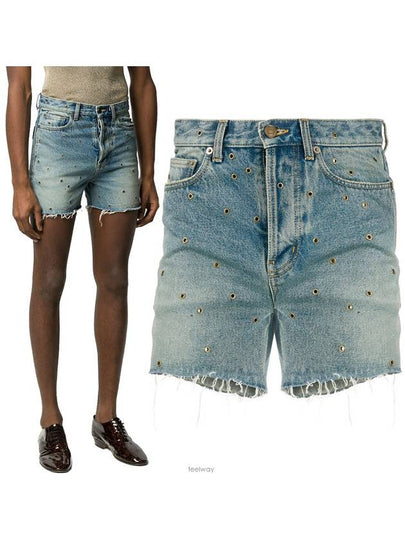 Eyelet Stud Cotton Denim Shorts Blue - SAINT LAURENT - BALAAN 2