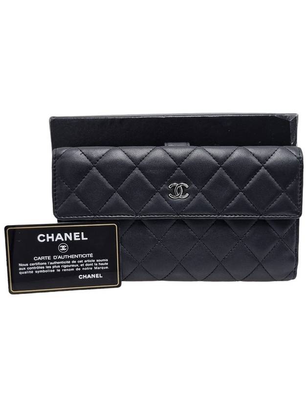 Women s Black Lambskin Classic Quilting Pattern Silver Logo Long Wallet - CHANEL - BALAAN 10