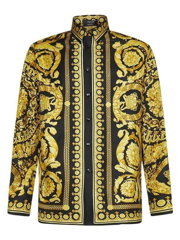 Barocco Pattern Silk Long Sleeve Shirt Black Yellow - VERSACE - BALAAN 1