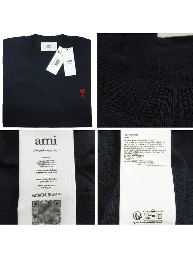 Heart Embroidered Logo Crew Neck Knit Top Navy - AMI - BALAAN 6