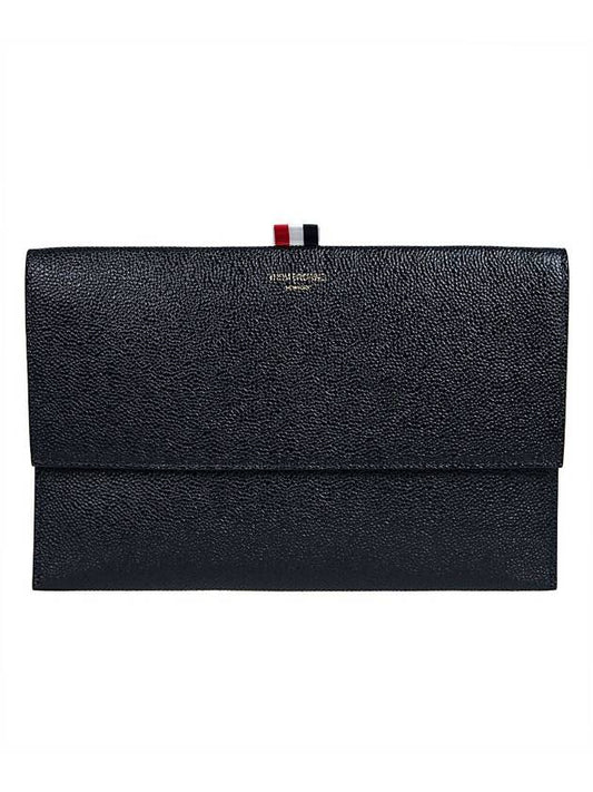 Pebbled Calfskin Flap Folio Clutch Bag Black - THOM BROWNE - BALAAN 1