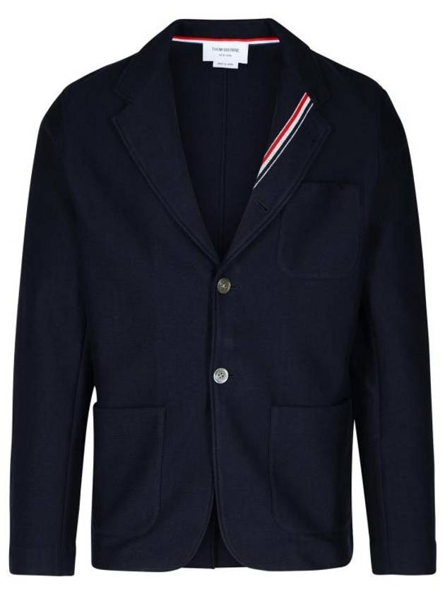 Cotton Blend Blazer Jacket Navy - THOM BROWNE - BALAAN 1