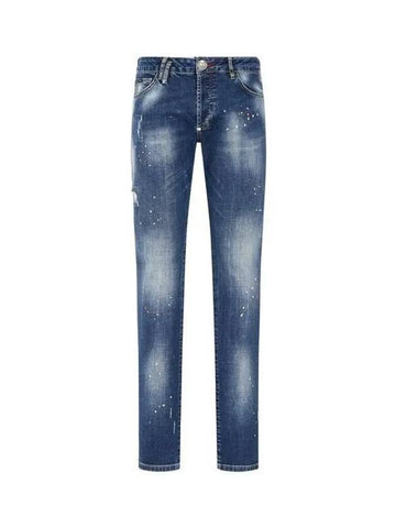 Men's Skull Hotfix Painted Denim Pants Blue - PHILIPP PLEIN - BALAAN 1