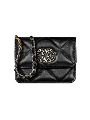 Silver Hardware 19 Chain Lambskin Card Wallet Black - CHANEL - BALAAN 1